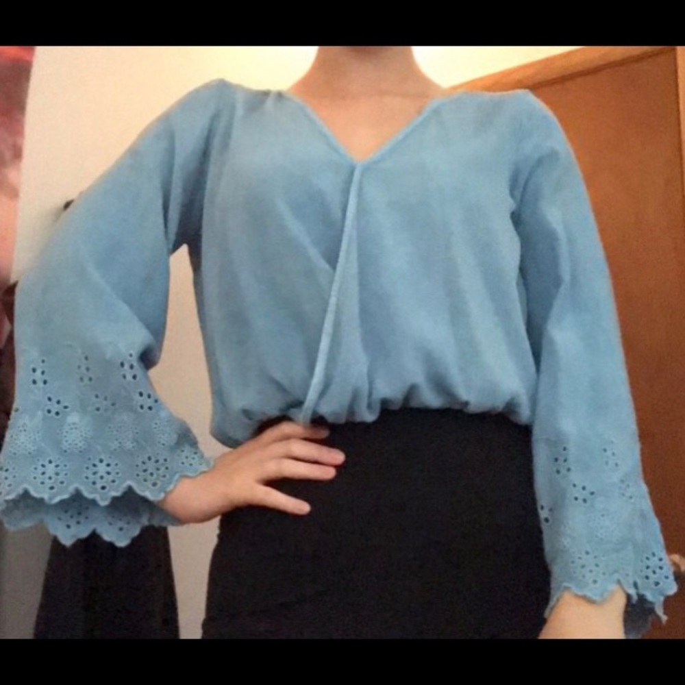 bell sleeve blue top with keyhole back